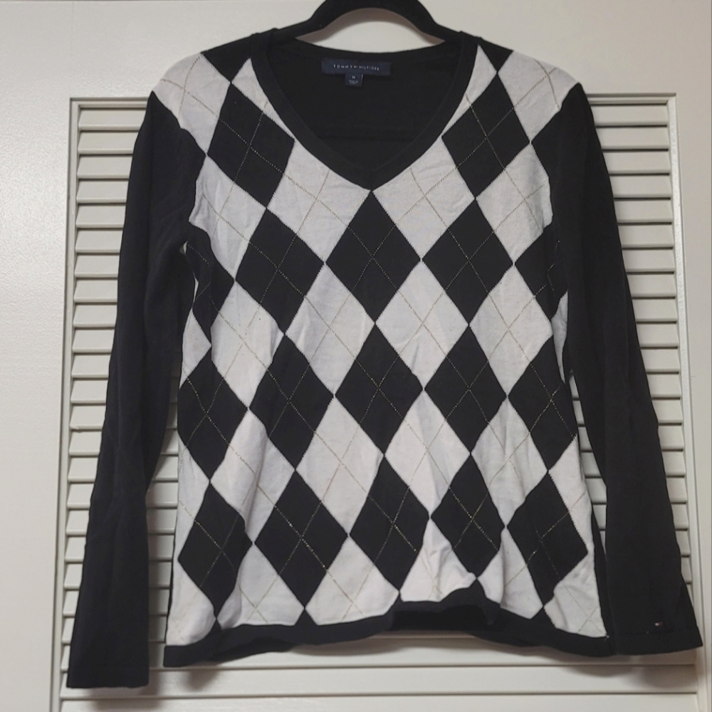 Tommy Hilfiger - 100% Cotton Black/White/Silver Argyle Long-Sleeve Top